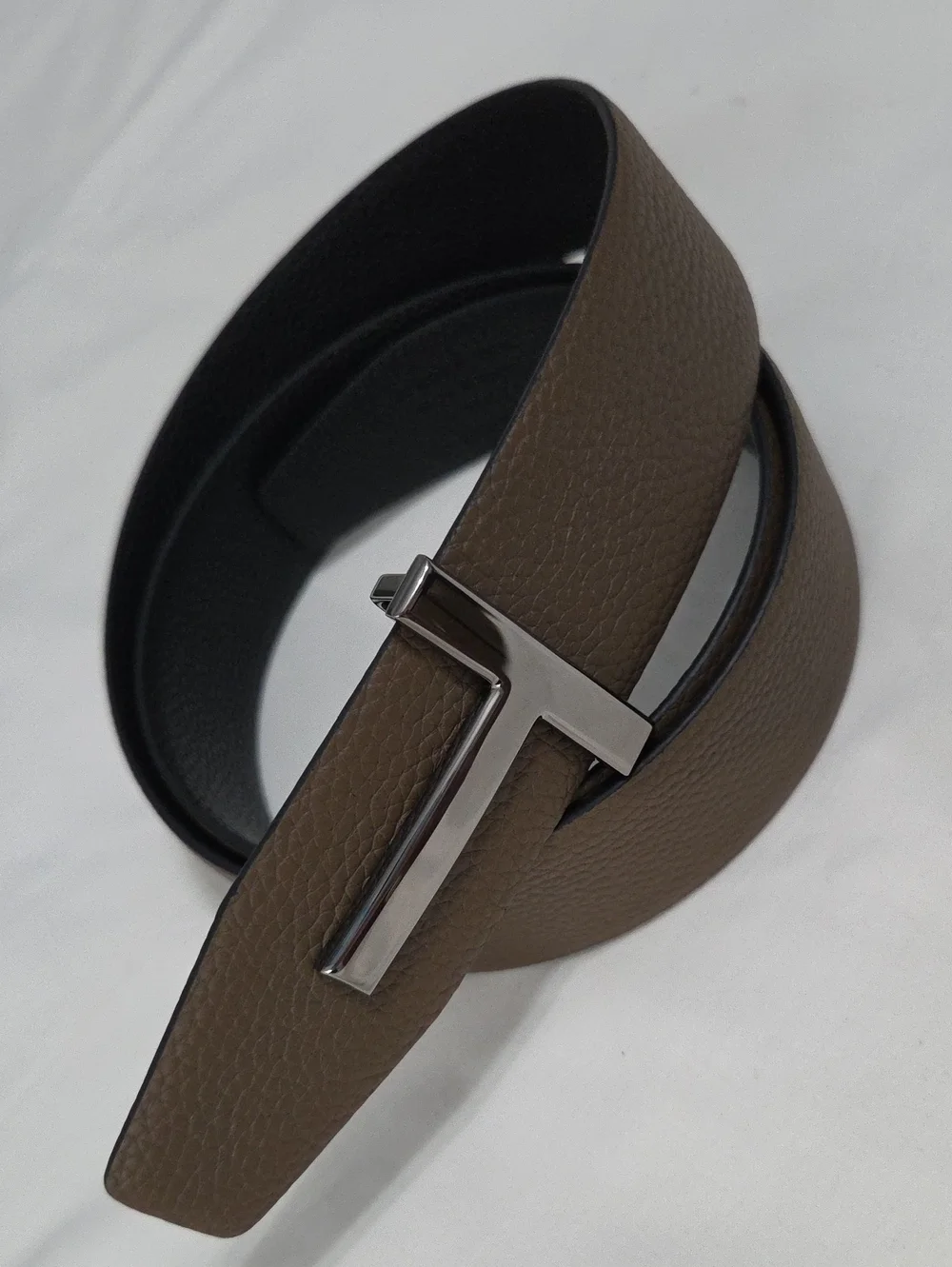 Tom Ford Black Brown Leather Belt with Black Chrome T Buckle